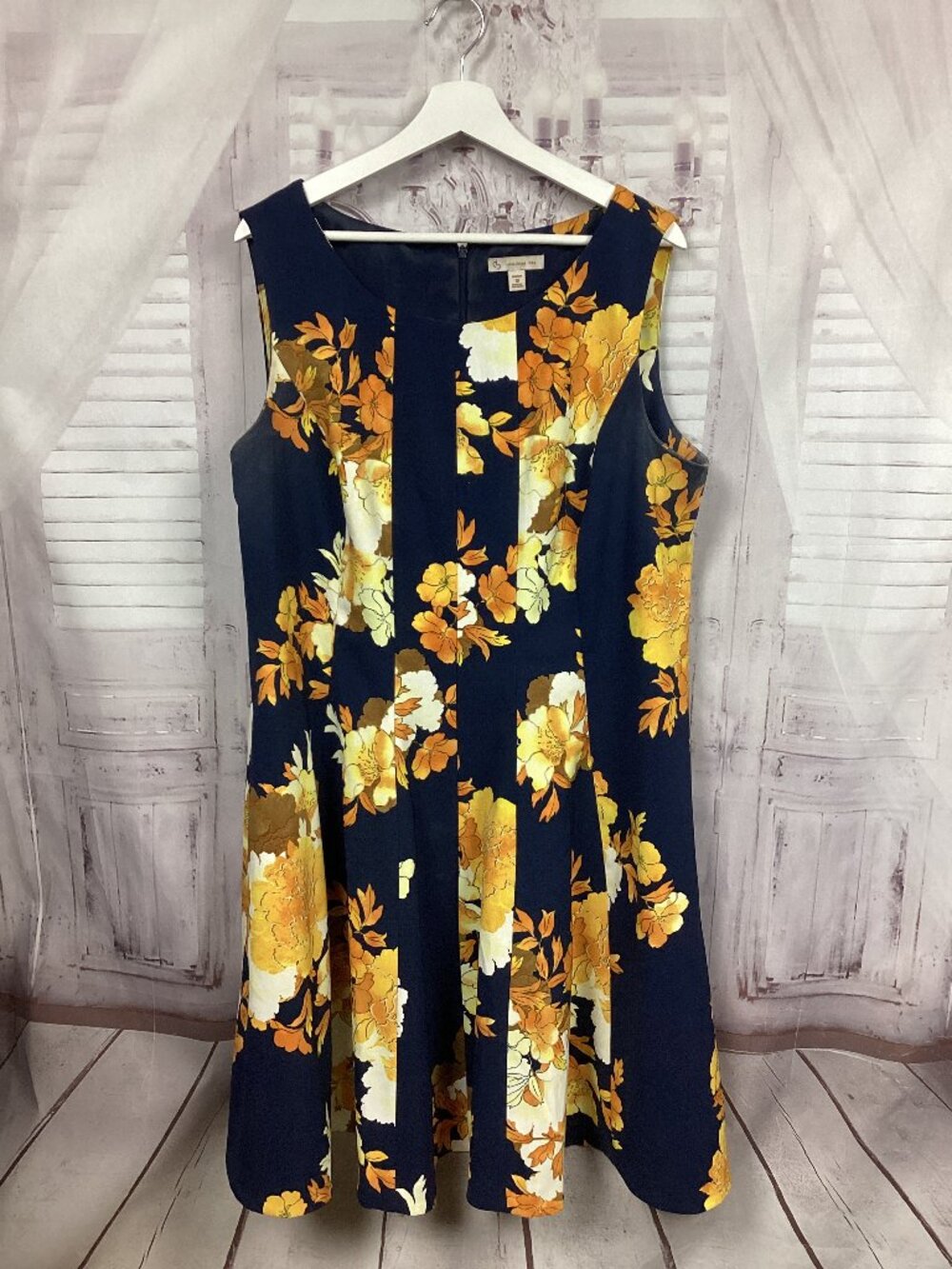 Dress Barn Fall Autumn Dress Blue Orange Midi Sleeveless 18
